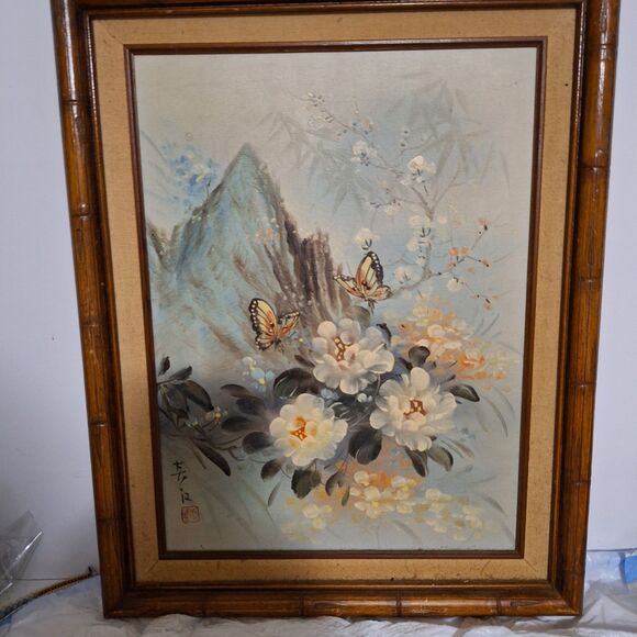 A Vintage Japanese Painting on Canvas Framed Artwork Floral Butterfly - Picture 1 of 16